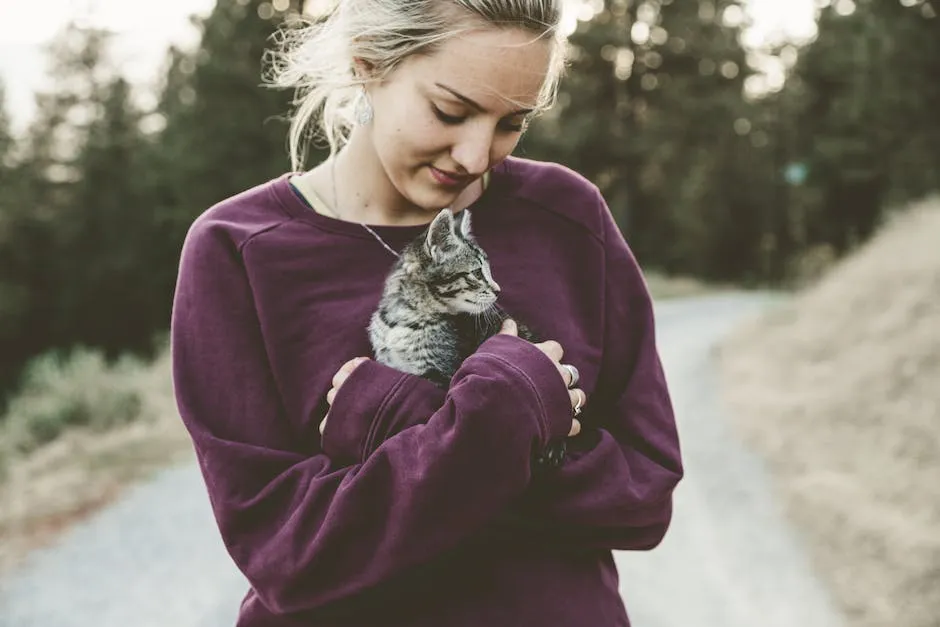 Una mujer abraza a un gatito