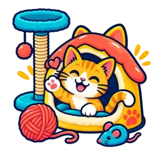 Gato jugando en un hogar con rascador, cama y juguetes